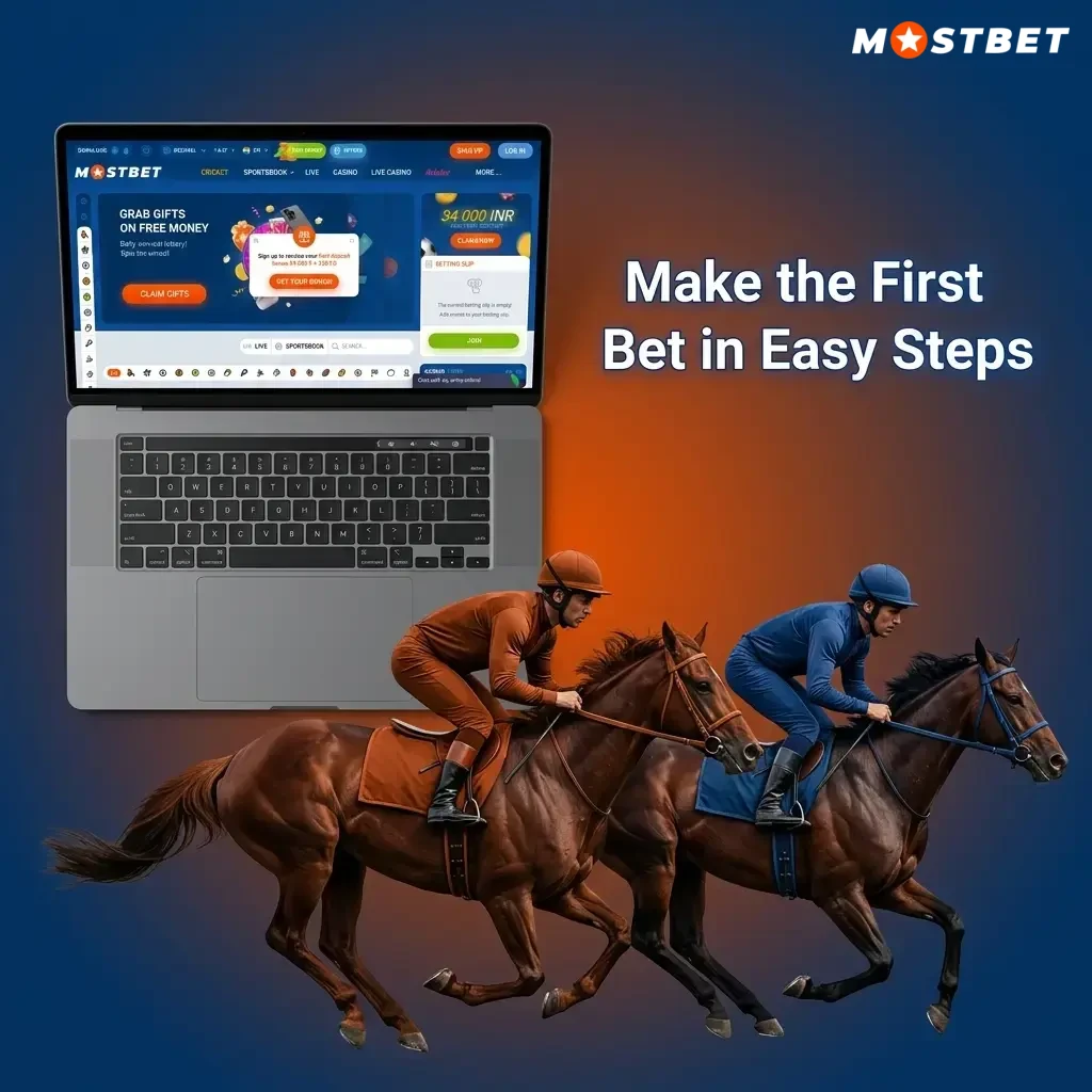 Mostbet first bet guide showing 5 easy steps from registration to placing a bet with UPI deposit in India